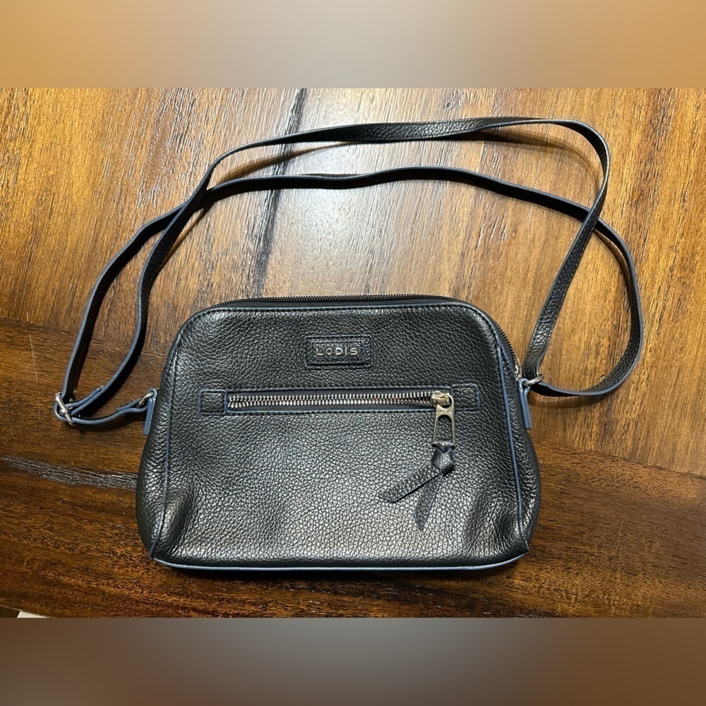 Lodis Charlotte Crossbody Black Pebbled Leather with Navy Blue Trim